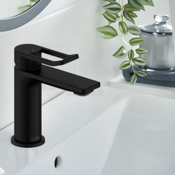Bristan Saffron Eco Start Mini Basin Mixer Tap with Clicker Waste - Black - Image 2