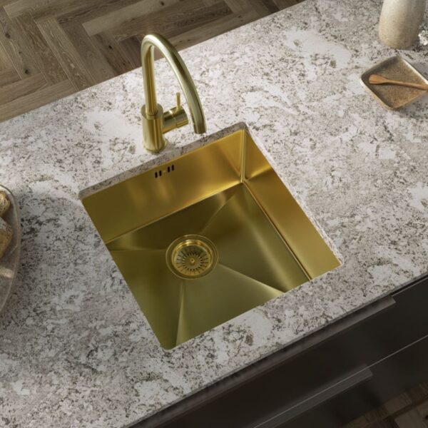 Ellsi Elite Brushed Brass 1.0 Bowl Undermount-Inset Kitchen Sink Incl. Basket Strainer Waste - Image 2