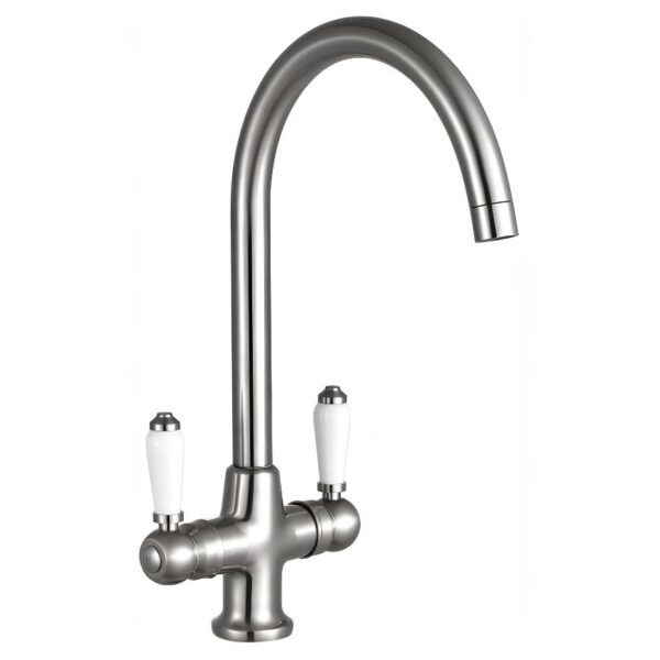 Traditional Mono Kitchen Sink Mixer Tap Dual Handle - Brushed Steel