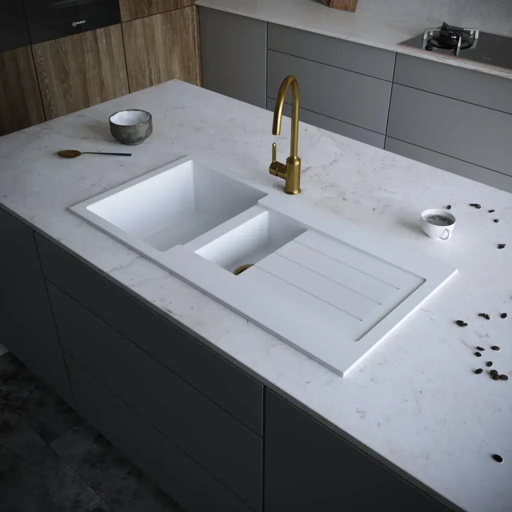 Ellsi Comite Matt White Reversible Inset 1.5 Bowl Kitchen Sink 1000mm x 500mm & Waste - Image 2