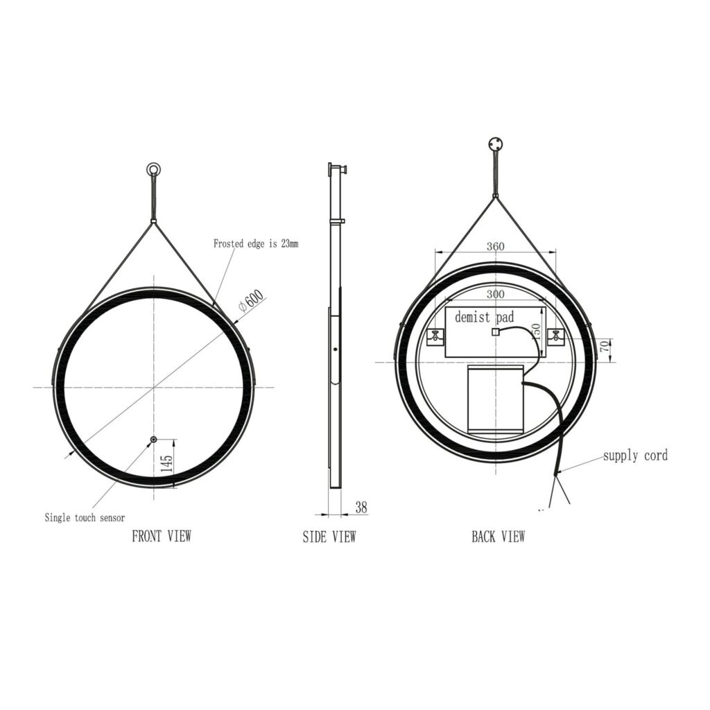Matt Black Round LED Anti-Fog Bathroom Mirror 600mm - Image 4