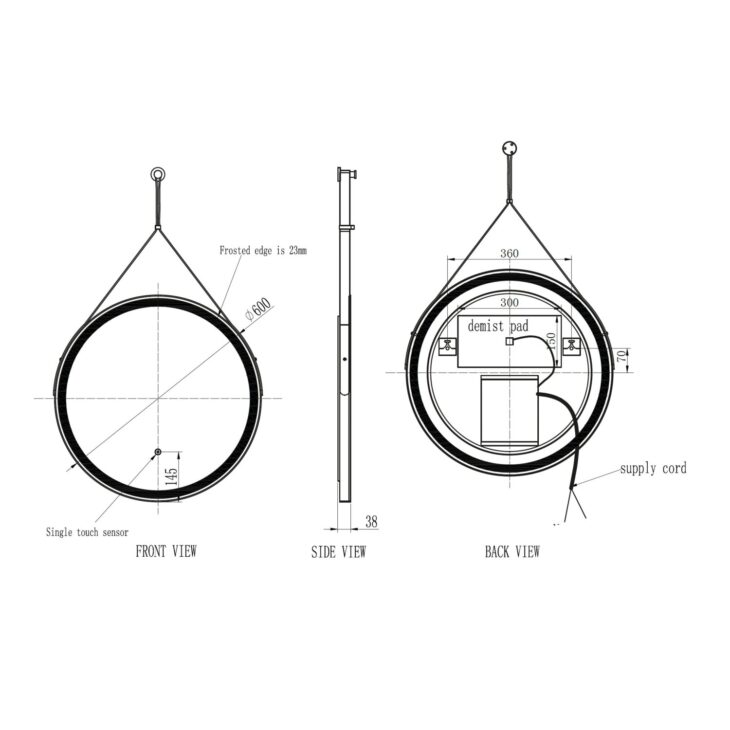 Matt Black Round LED Anti-Fog Bathroom Mirror 600mm - Image 4