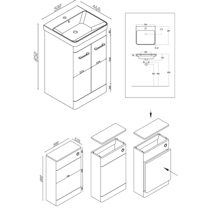 Tossina Floor Standing Combination Bathroom Furniture Pack Gloss White - Image 3