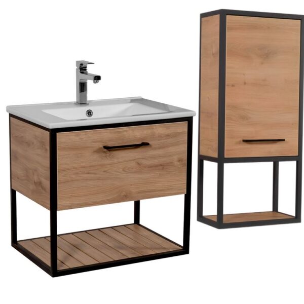 Loft Oak 650cm Black Frame Wall Mounted Basin Unit & Cabinet Package
