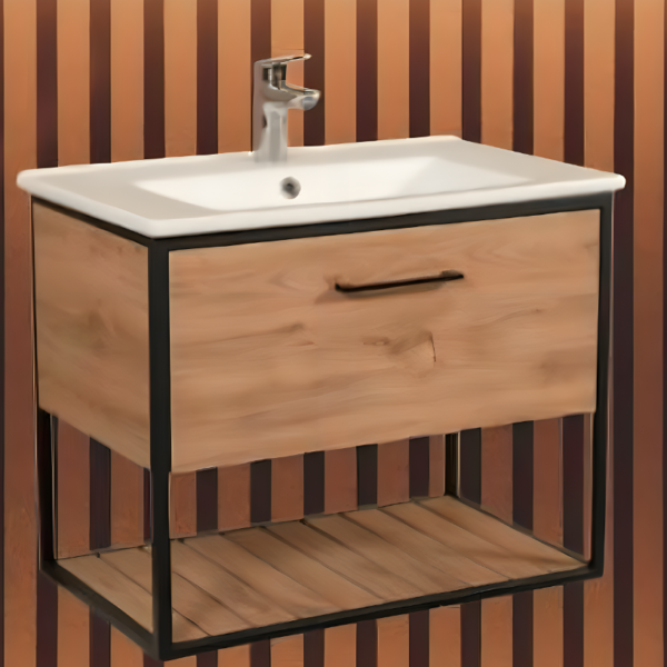 Loft Oak 650cm Black Frame Wall Mounted Basin Unit & Cabinet Package - Image 4