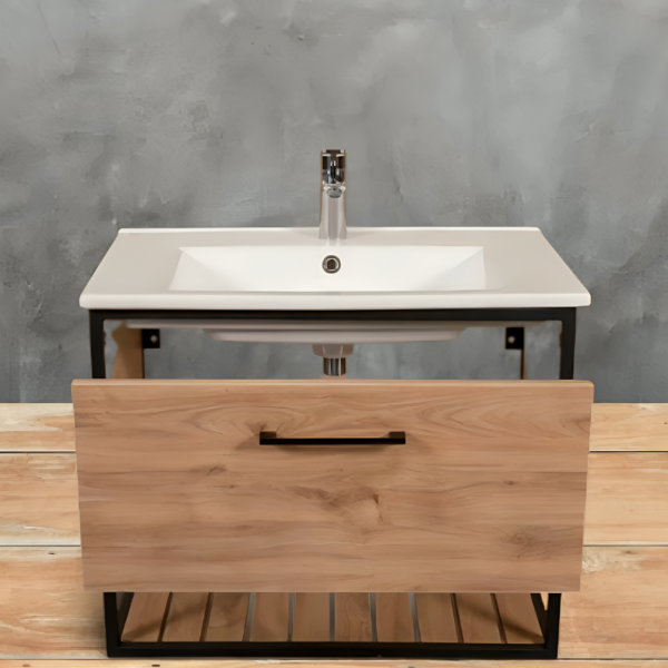 Loft Oak 650cm Black Frame Wall Mounted Basin Unit & Cabinet Package - Image 5
