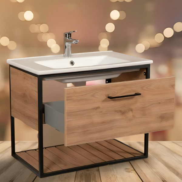 Loft Oak 650cm Black Frame Wall Mounted Basin Unit & Cabinet Package - Image 6