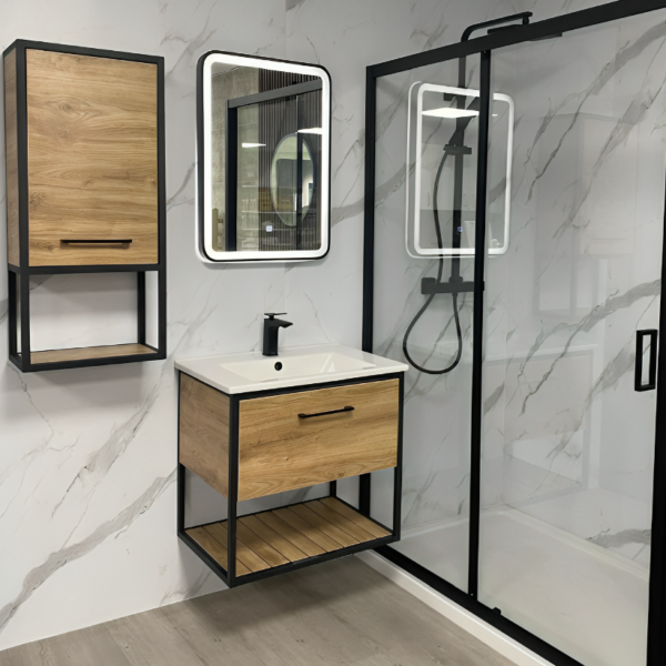 Loft Oak 650cm Black Frame Wall Mounted Basin Unit & Cabinet Package - Image 2