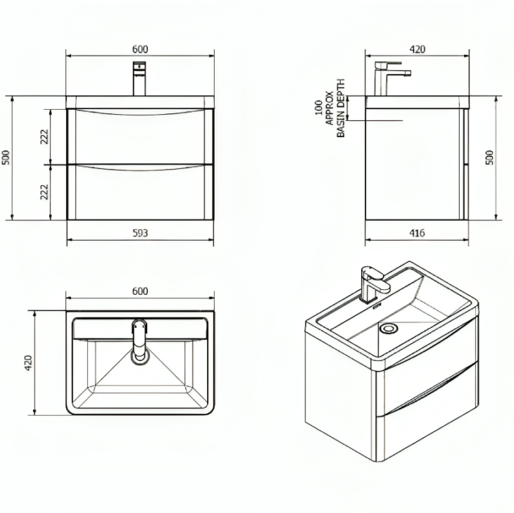 Bali Wall Mounted Vanity Drawer Basin Unit 600mm - Chestnut - Image 5