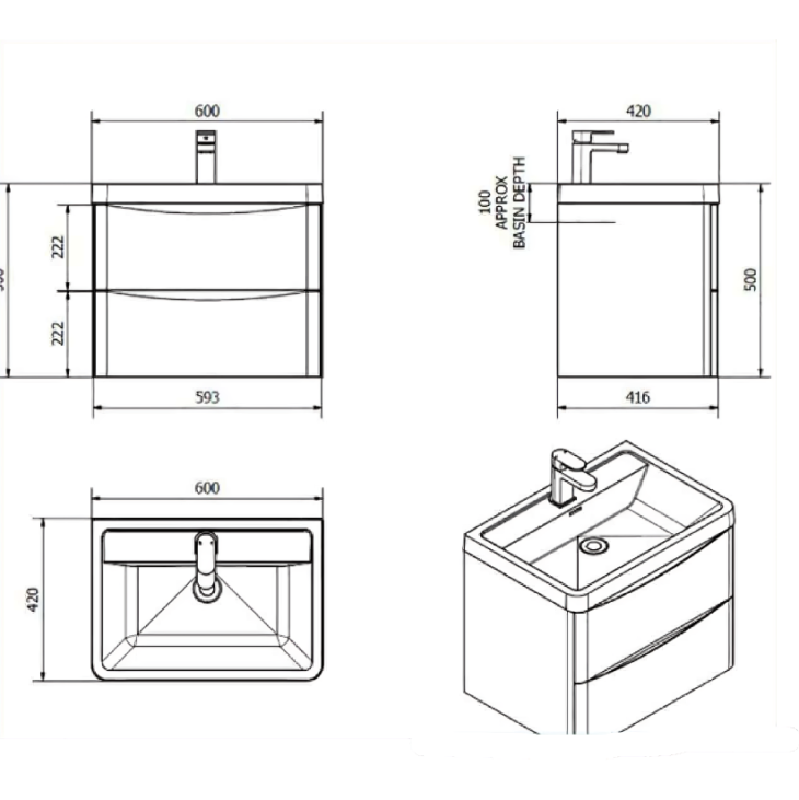 Bali Wall Mounted Vanity Drawer Basin Unit 600mm - Anthracite - Image 3