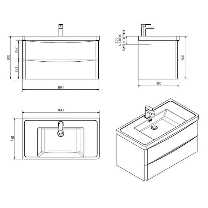 Bali Wall Mounted Vanity Drawer Basin Unit 900mm - Gloss White - Image 2