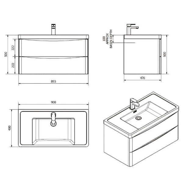 Bali Wall Hung Drawer Basin Unit 900mm - Grey - Image 2