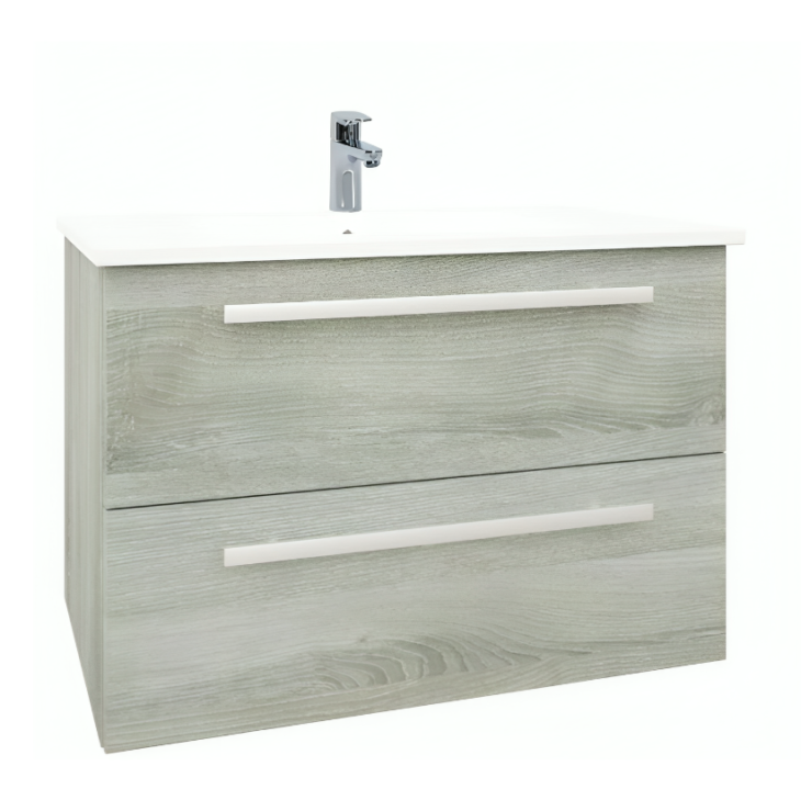 Purity 800mm Wall Mounted 2 Drawer Unit & Ceramic Basin – Silver Oak