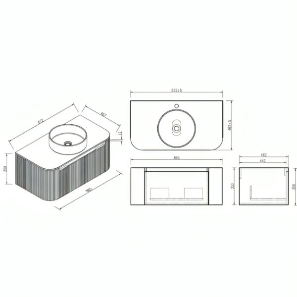 Fluted 870mm Wall Hung Vanity Unit & Counter Top – Midnight Shadow - Image 4