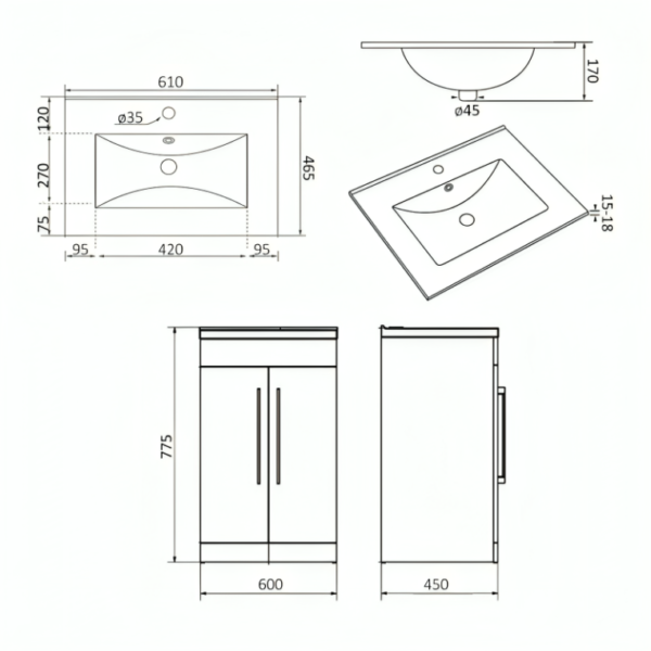 Purity 2 Door Floor Standing Vanity Unit 600mm Wide - Gloss White - Image 2