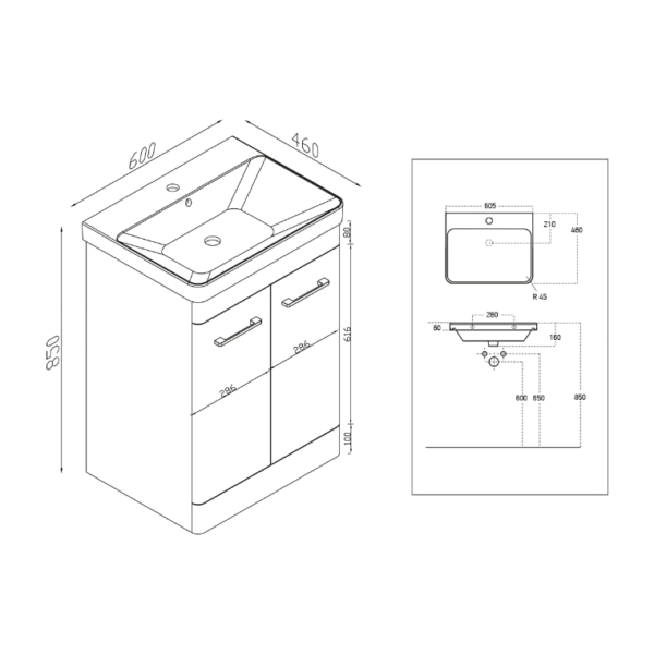 Tossina 600mm Floorstanding Vanity Unit & Basin – White Gloss - Image 2
