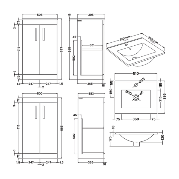 Nuie Athena Floor Standing Vanity Unit 500mm Wide - Gloss Grey - Image 5