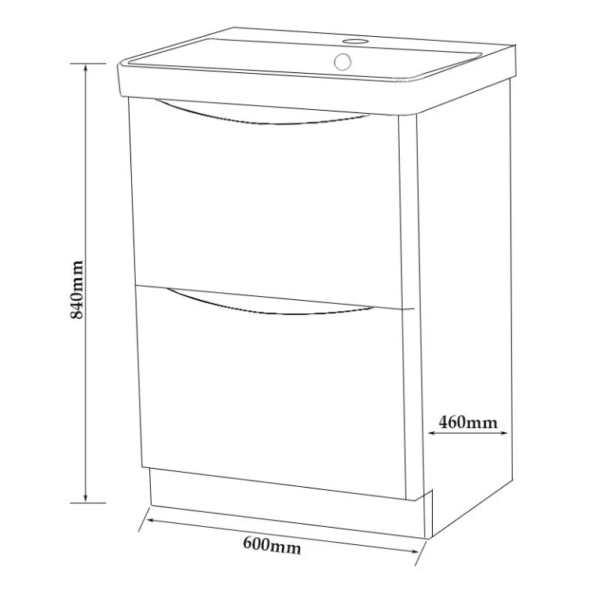 Arc Floor Standing 2 Drawer Vanity Unit with Basin 600mm Wide - Gloss White - Image 3