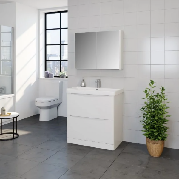 Arc Floor Standing 2 Drawer Vanity Unit with Basin 800mm Wide - Gloss White - Image 2