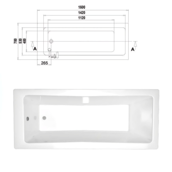 1600mm x 700mm Sanica Granada Square Single Ended Bath - Image 3