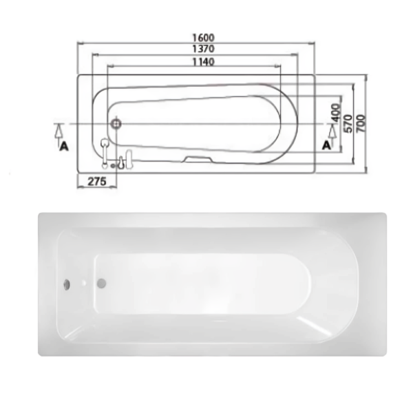1600mm x 700mm Sanica Round Single Ended Bath With No Tap Holes - Image 3