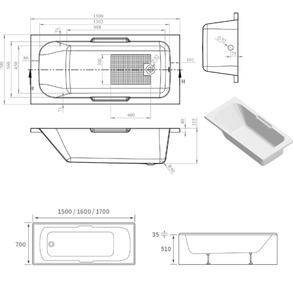 Modern Gripped White Single Ended Bath - Various Size's - Image 2