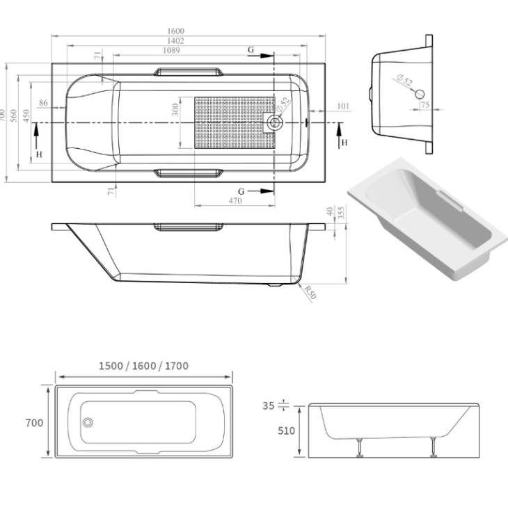 Modern Gripped White Single Ended Bath - Various Size's - Image 3