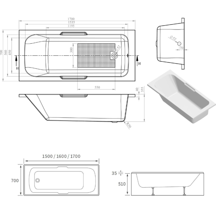 Modern Gripped White Single Ended Bath - Various Size's - Image 4