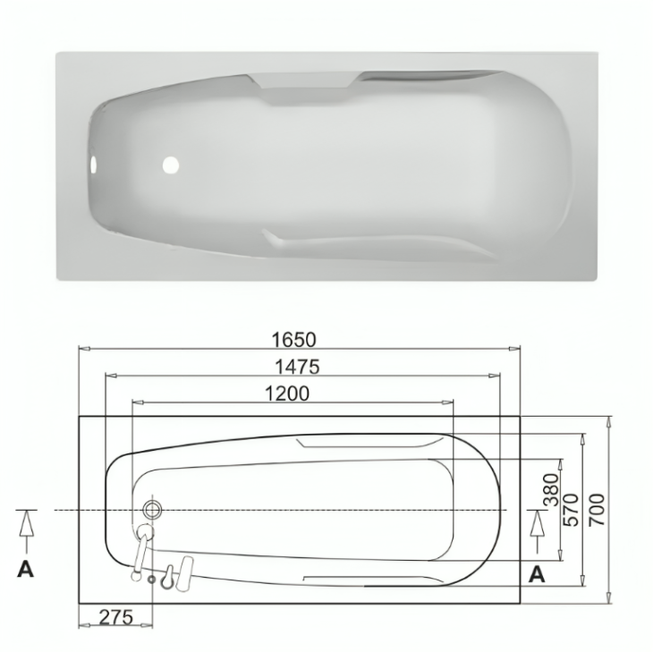 Sanica Rodas 1650mm x 700mm Single Ended Bath White Bath Tub - Image 3