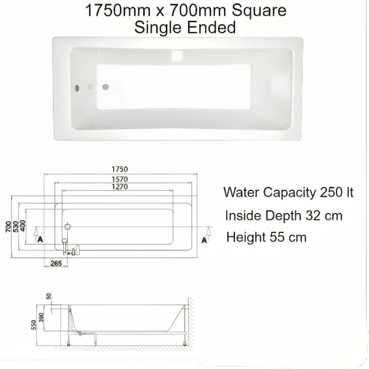 1750mm x 700mm Sanica Granada Square Single Ended Bath - Image 3
