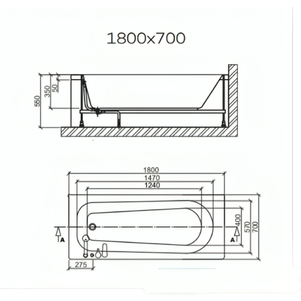 1800mm x 700mm Round Single Ended Bath With No Tap Holes - Image 3