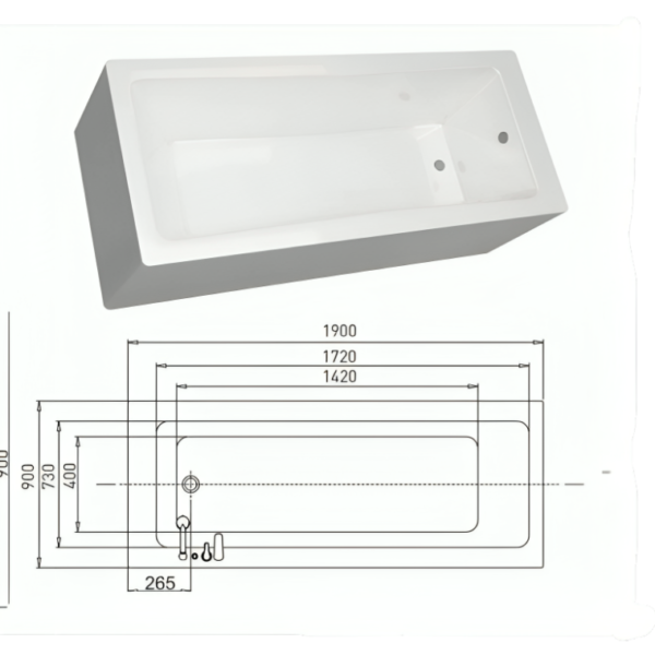 1900mm x 900mm Sanica Granada Square Single Ended Bath - Image 3
