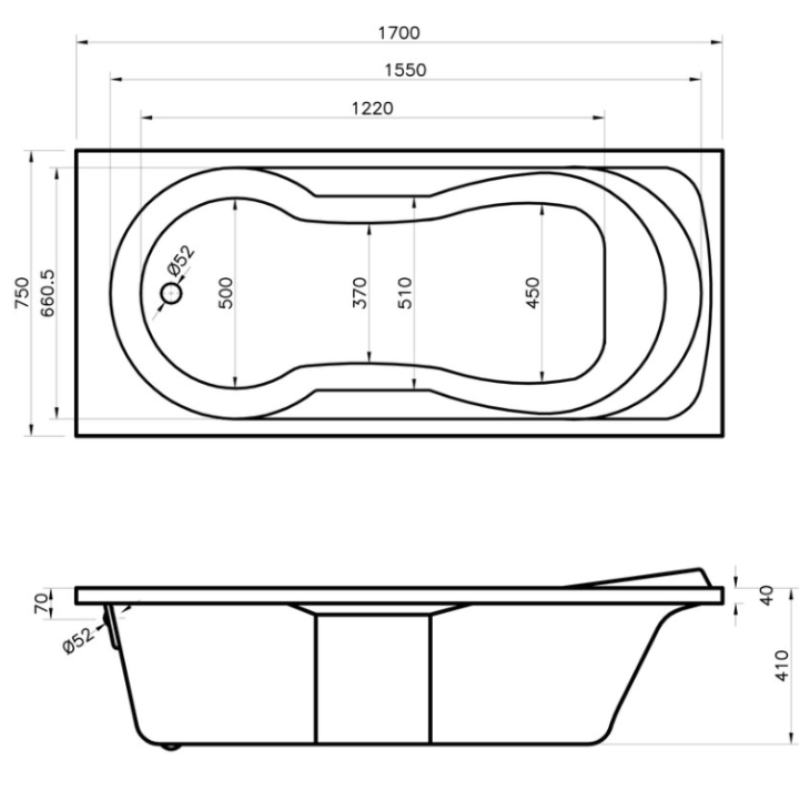 Keyhole Single Ended Bath 1700mm x 750mm - Image 2