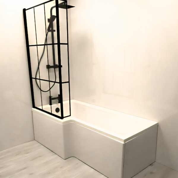 Titan L-Shape Shower Bath with Krittle Black Bath Screen – Left/Right-Handed – 1500mm to 1800mm