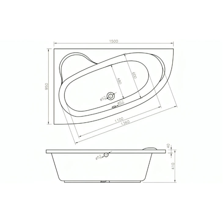 AquaVolere Offset Corner Bath 1500 x 950mm with Panel & Legs - Left or Right Handed | 0TH Design" - Image 3