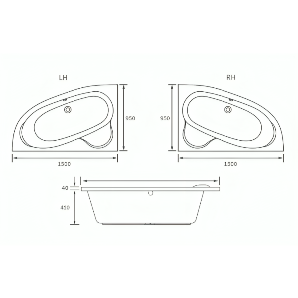 AquaVolere Offset Corner Bath 1500 x 950mm with Panel & Legs - Left or Right Handed | 0TH Design" - Image 4