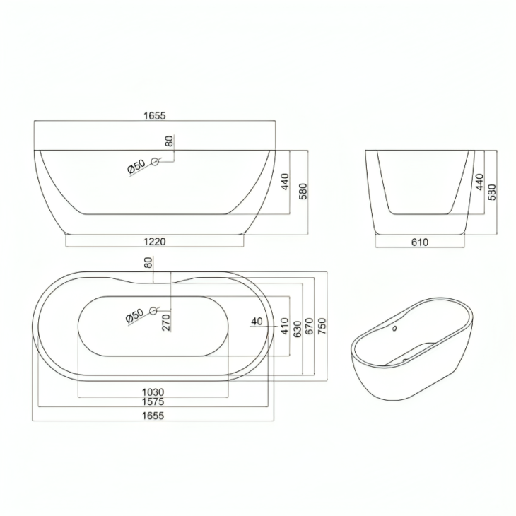 Modern Freestanding Double Ended Bath White 1655MM X 750MM - Image 2