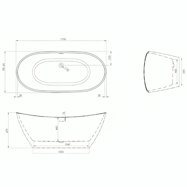 Aruba 1700MM X 800MM White Double Ended Freestanding Bath - Image 3