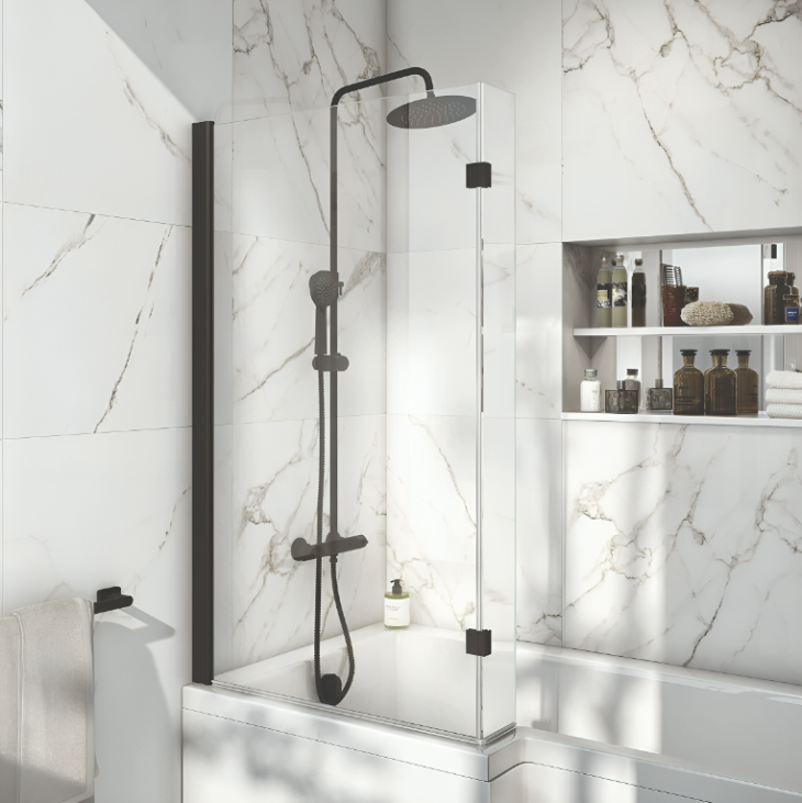 Black L shape Hinged Bath Screen 1400MM