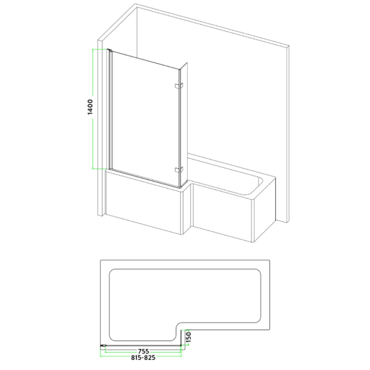 Black L shape Hinged Bath Screen 1400MM - Image 2