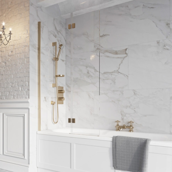 Double Panel Brushed Brass 8MM Glass Bath Screen 1500MM - Inward Opening Screen
