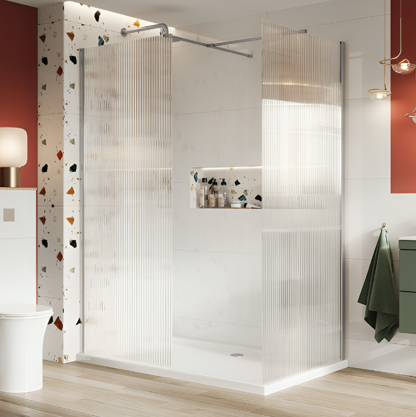 Fluted Glass Wetroom Shower Screen 8mm - Chrome - 1100mm Glass Panel