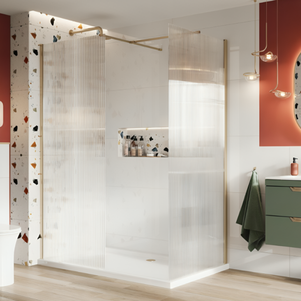 Fluted Glass Wetroom Shower Screen 8mm – Brushed Brass - 1100mm x 1200mm