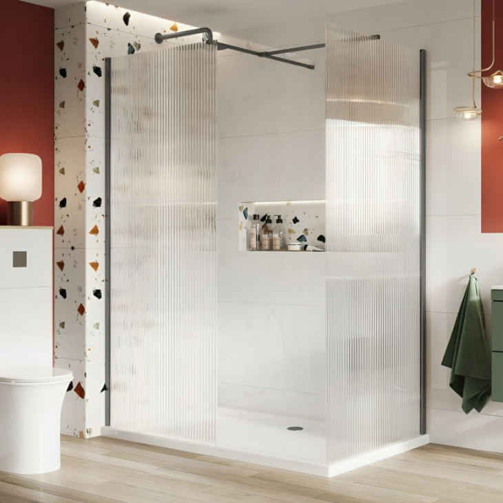 Fluted Glass Wetroom Shower Screen 8mm – Black - 900mm x 2000mm