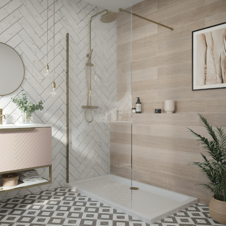 Brushed Brass Wetroom Screen & Support Arm 2000mm High - 1000mm x 2000mm
