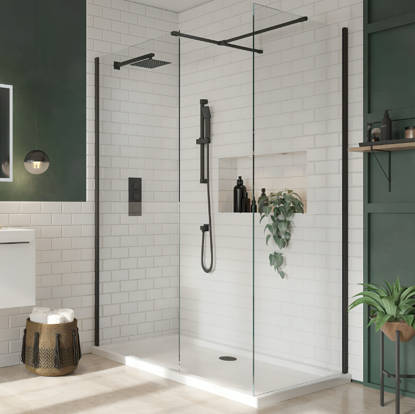 Matt Black Wetroom Screen & Support Arm 2000mm High - 1200mm x 2000mm