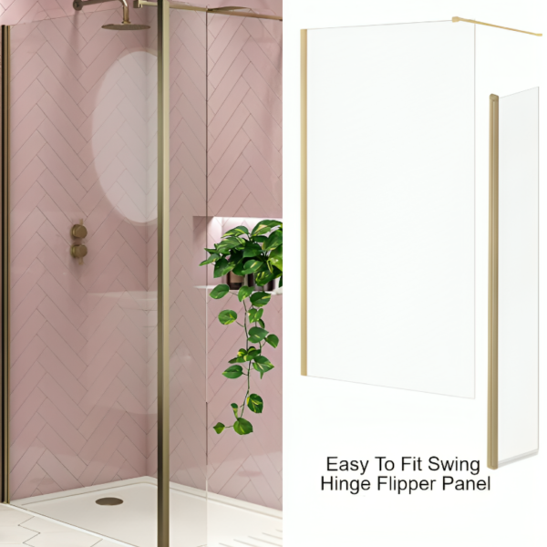 Brushed Brass 8mm Wetroom Screen With Flipper Panel - Image 4