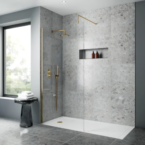 Nuie Brushed Brass Wetroom Screen & Support Arm - 1000mm x 1850mm