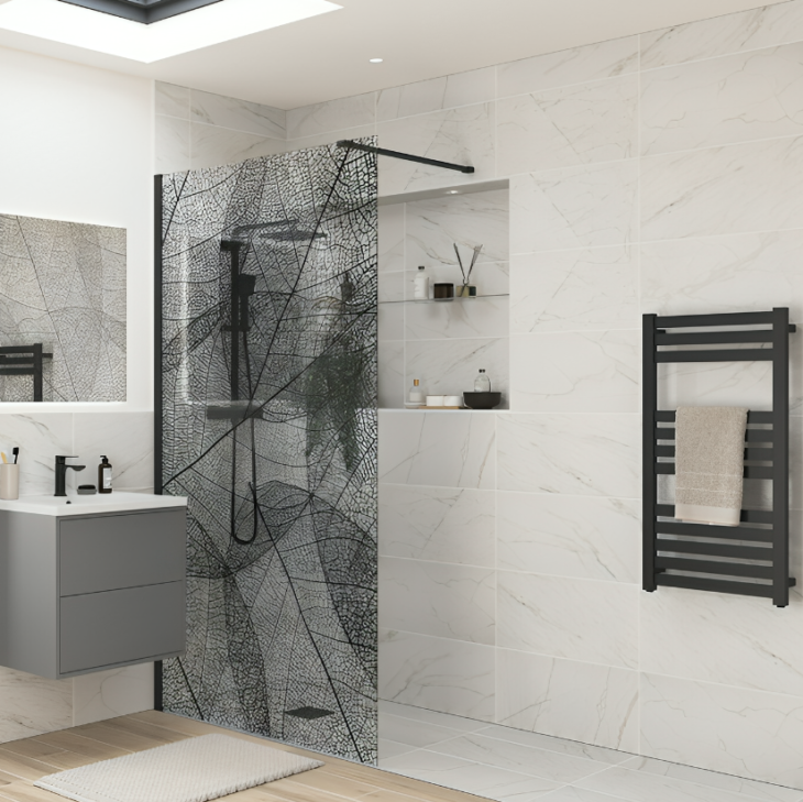1200mm Designer Wetroom Screen With Black Leaf Design 8mm