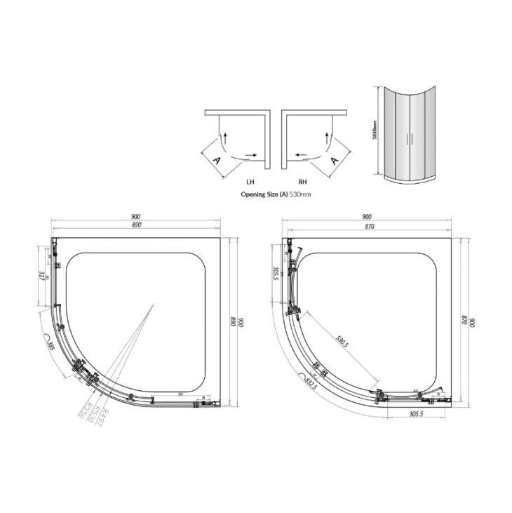 6 Brushed Brass 2 Door Quadrant Shower Enclosure 900mm x 900mm - Image 2